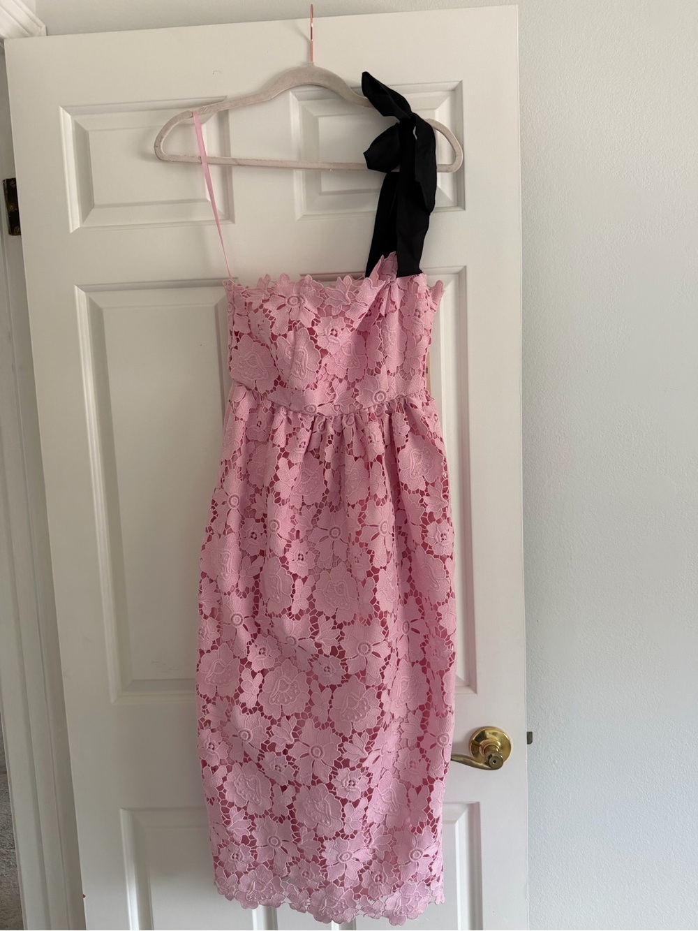 Maeve pink lace tie-shoulder midi dress with black bow